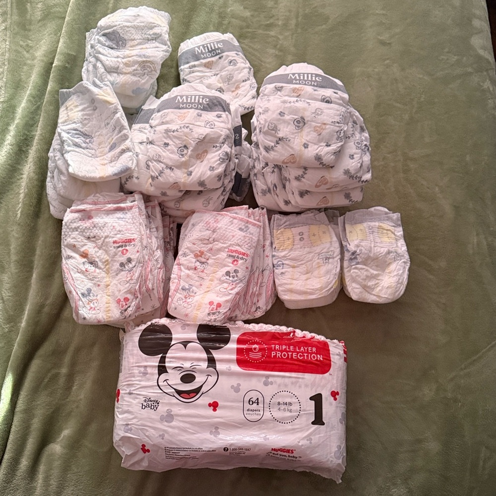 83 Variety Pack Diapers: Size New born , 1 & 2